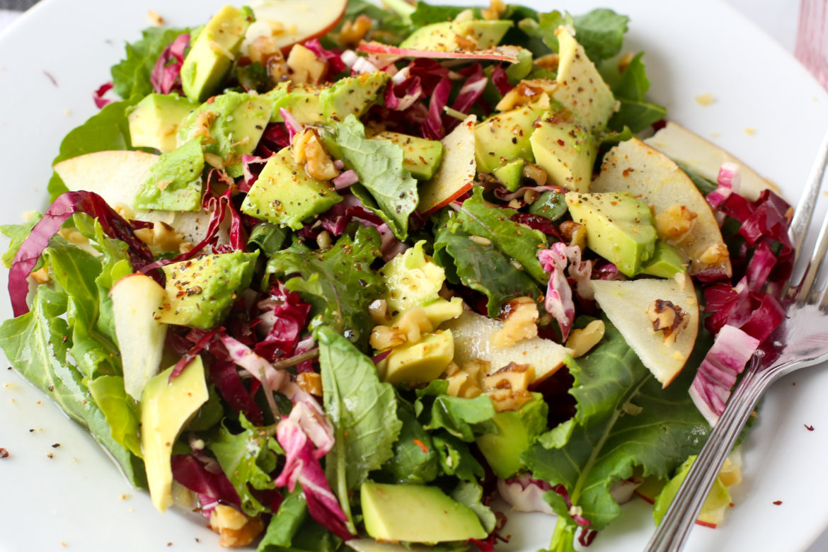 Kale Apple Salad with Avocado and Honey Cider Vinaigrette