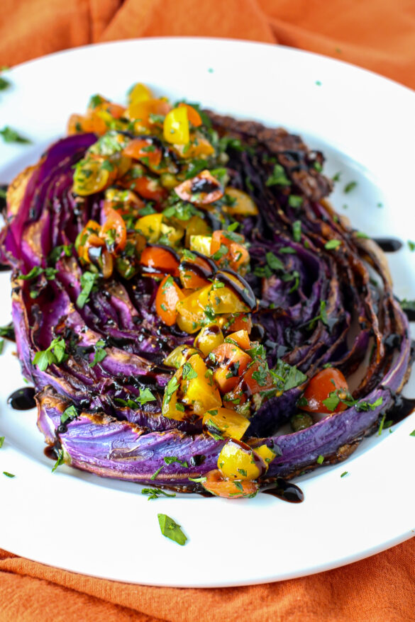 roasted red cabbage with tomato parsley relish